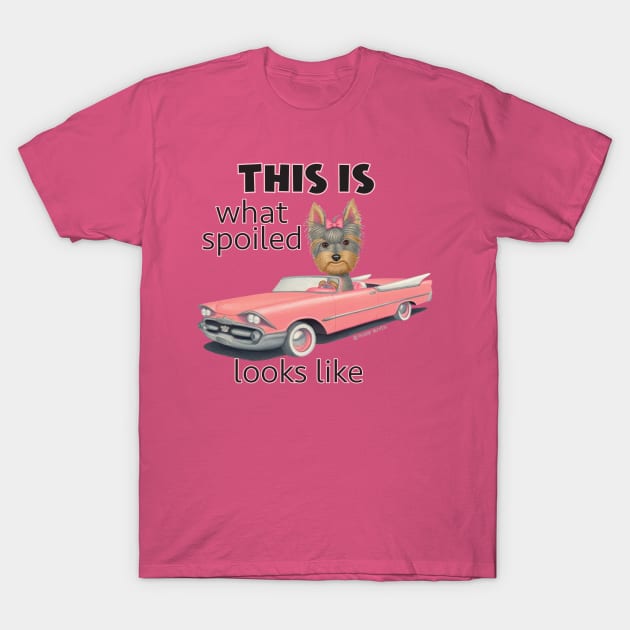 Cute Yorkshire Terrier Dog shopping in classic pink Car T-Shirt by Danny Gordon Art